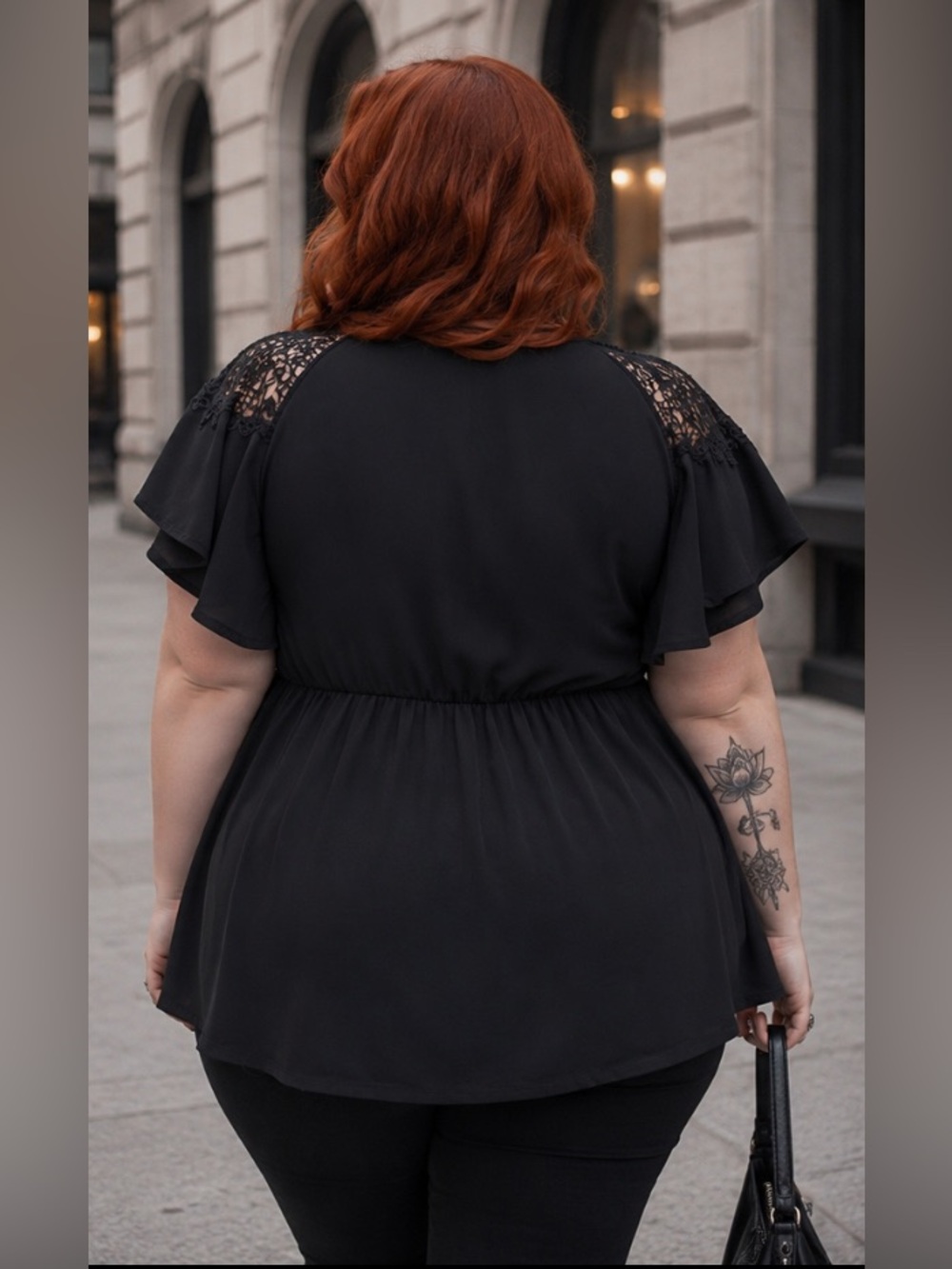 torrid Black Faux-Wrap Tunic with Lace Shoulders - Picture 2 of 7